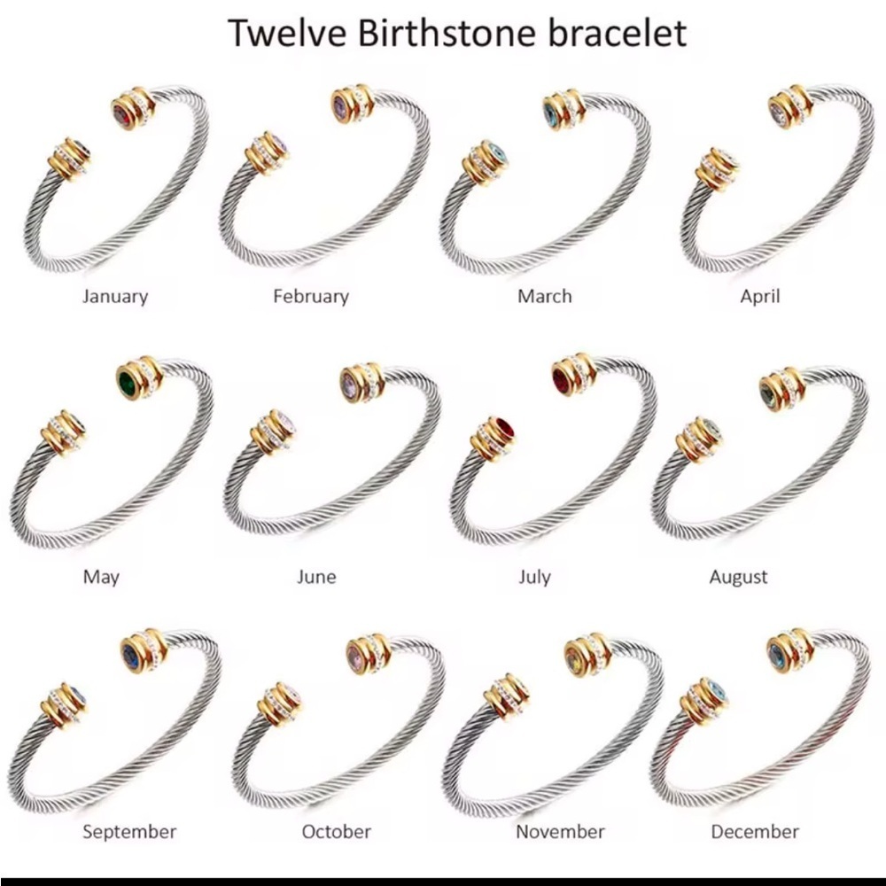 Stainless steel 12 month Birthstone Expandable Wire Cable Bangle bracelet - Picture 3 of 12